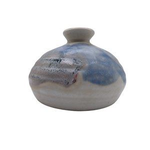 Vintage Handmade  Soft Blue And Grey Ceramic Pottery Orb Shaped Vase 4 In Signed